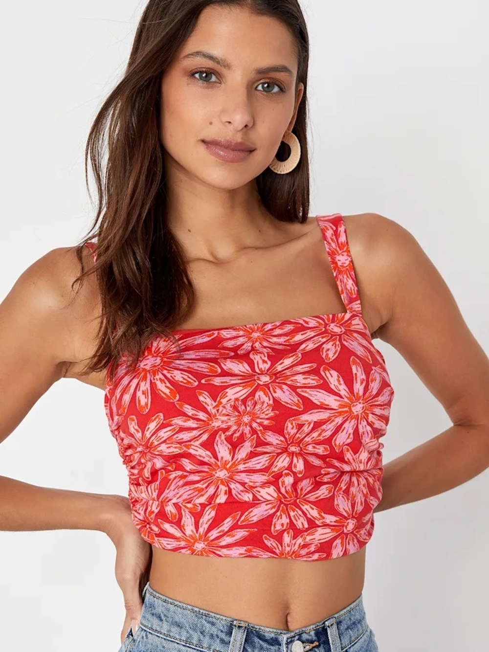 FREE PEOPLE All Tied Up Red Floral Print Cropped Tie-Back Tank Top